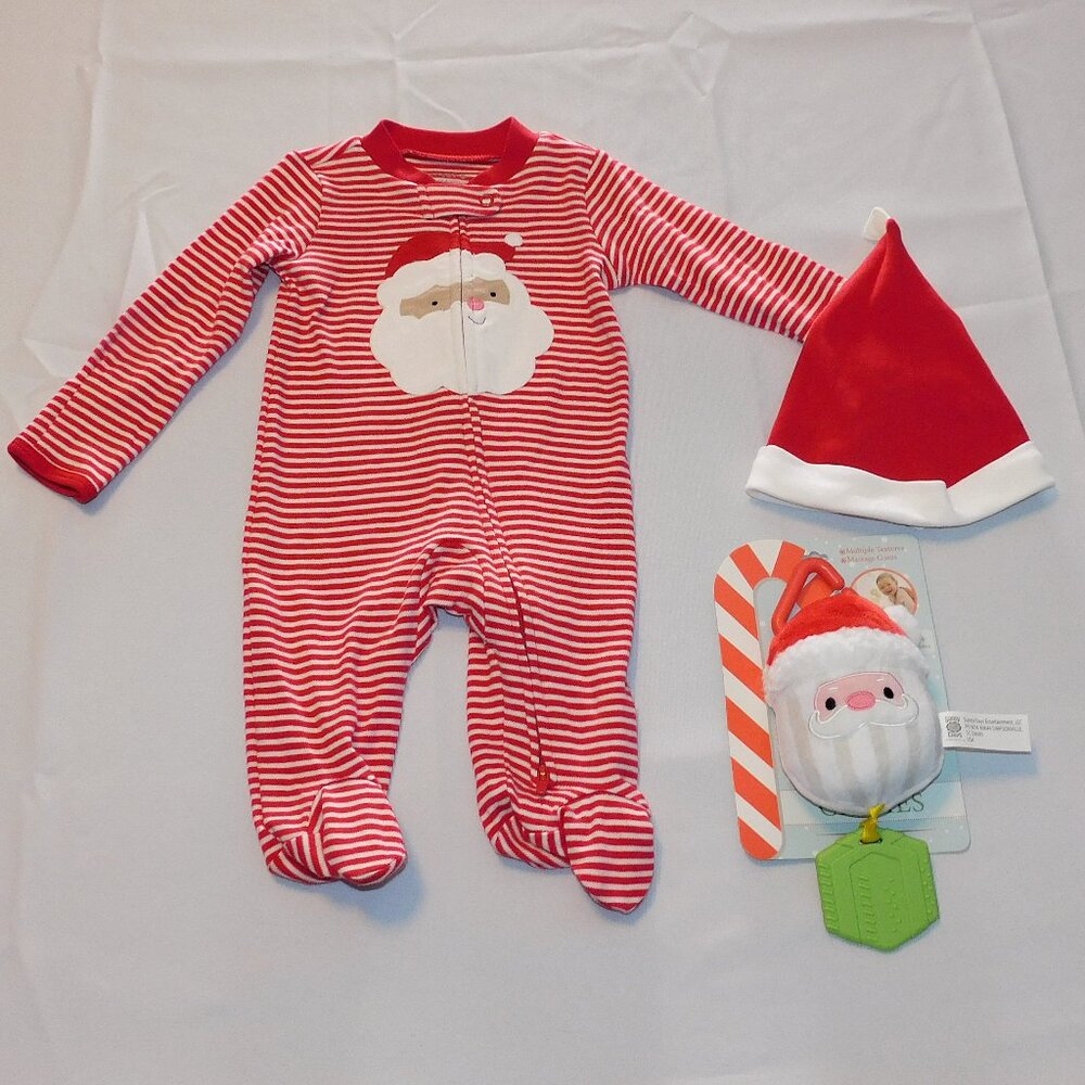 Baby First Christmas Footies Pajamas Santa Hat Stroller Toy 3 Months 3 Pce NEW